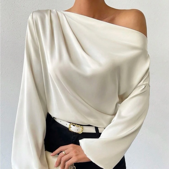 Asymmetrical Neck Lantern Sleeve Top ❤️ - Picture 5 of 5